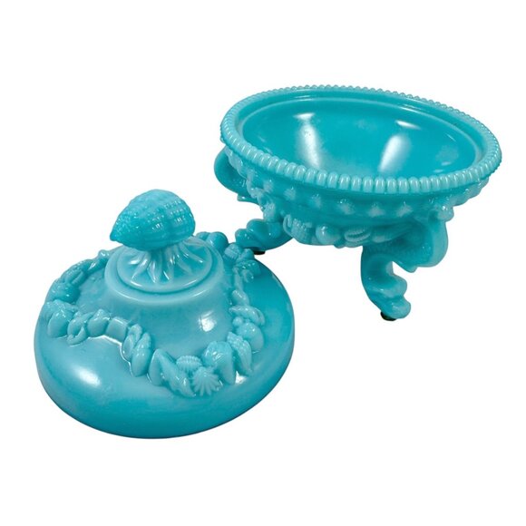 Westmoreland Blue Milk Glass Candy Dish Argonaut Shells Dolphins Vintage 1960s - Picture 2 of 10